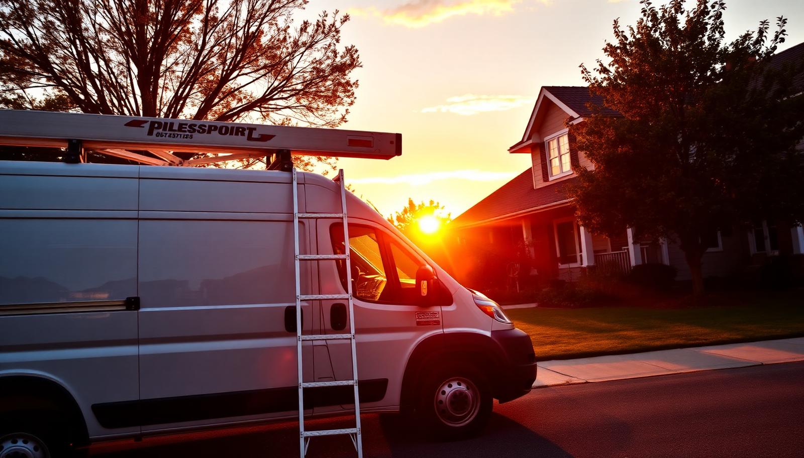 Contractor work van outside a home in blazing sunset light