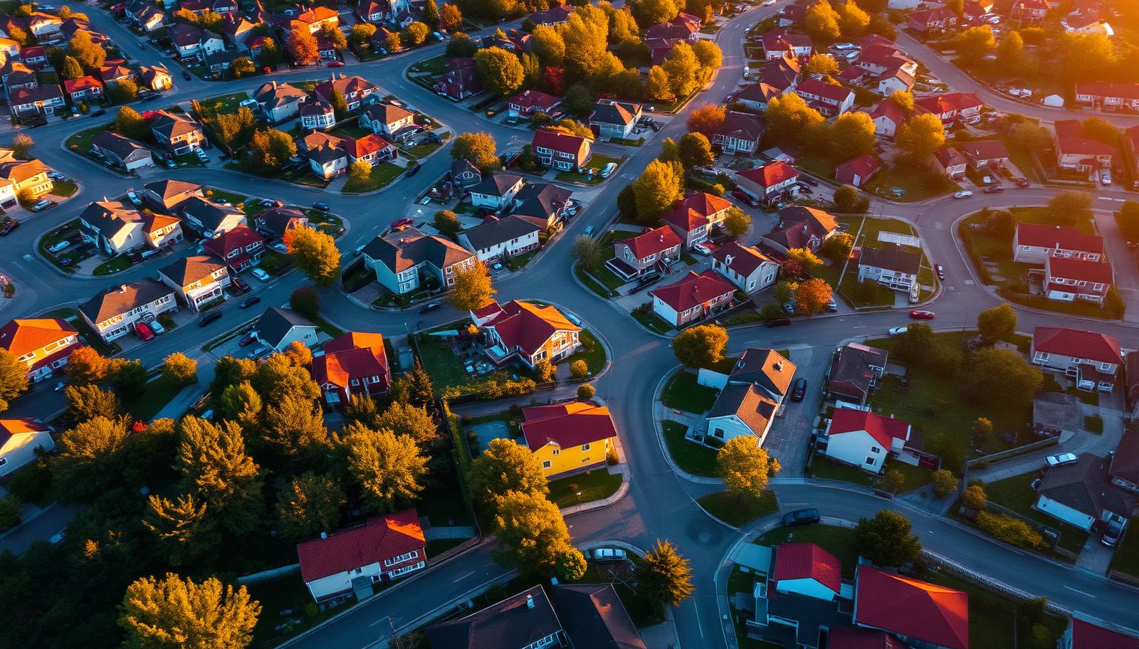 Aerial view of a colorful suburban neighborhood at golden hour