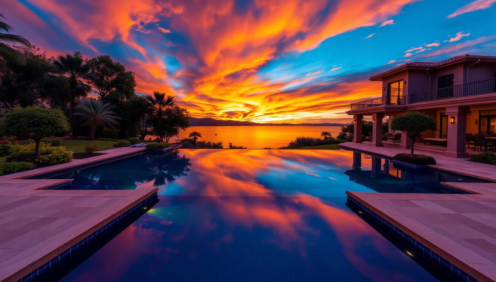 Luxury home with an infinity pool reflecting a fiery sunset