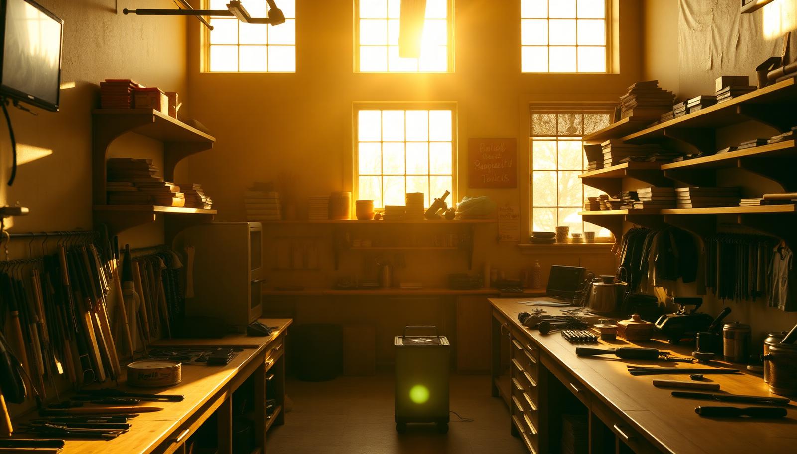Sunlit small business workshop bathed in golden-hour light