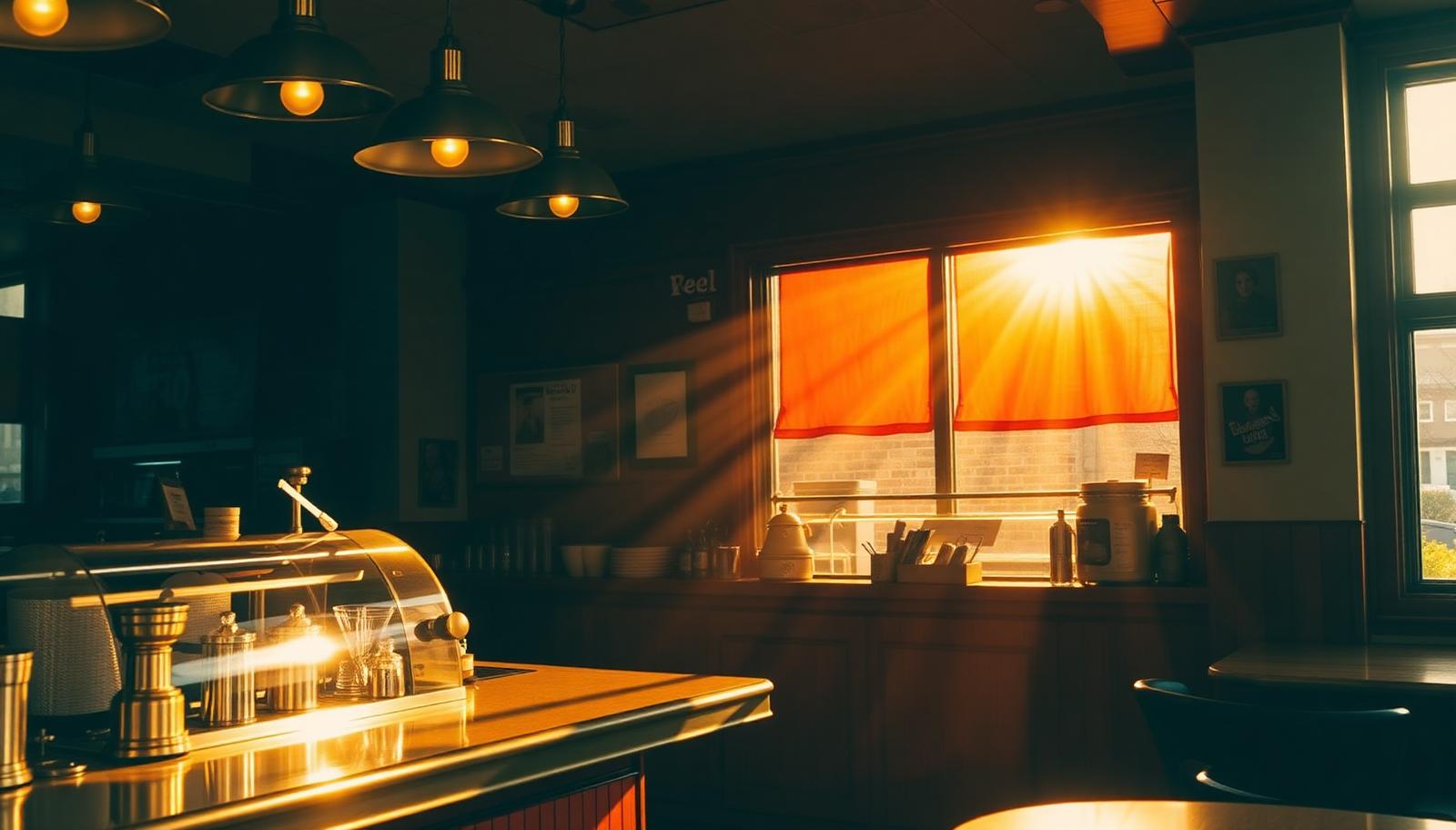 Warm cafe counter interior lit by golden sunset light