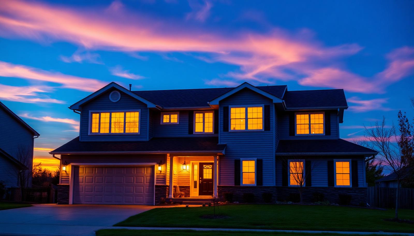 Two-story suburban home with glowing windows under a colorful dusk sky