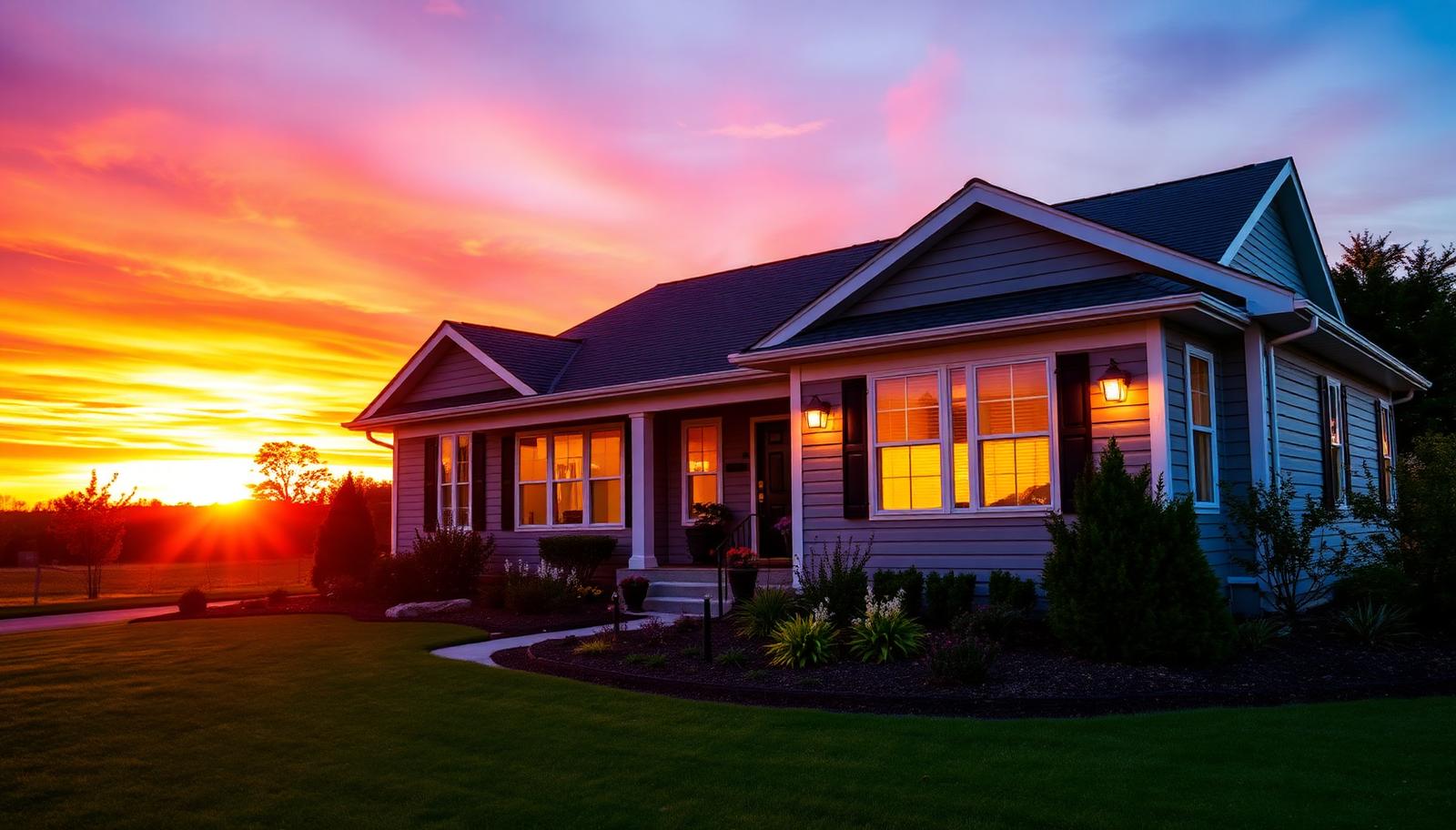 Freshly renovated home exterior glowing under a vivid sunset