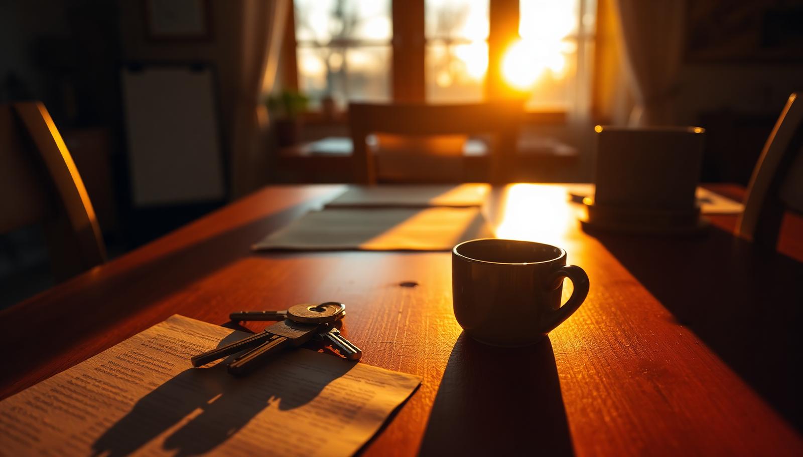 House keys and coffee on a dining table in golden sunset light