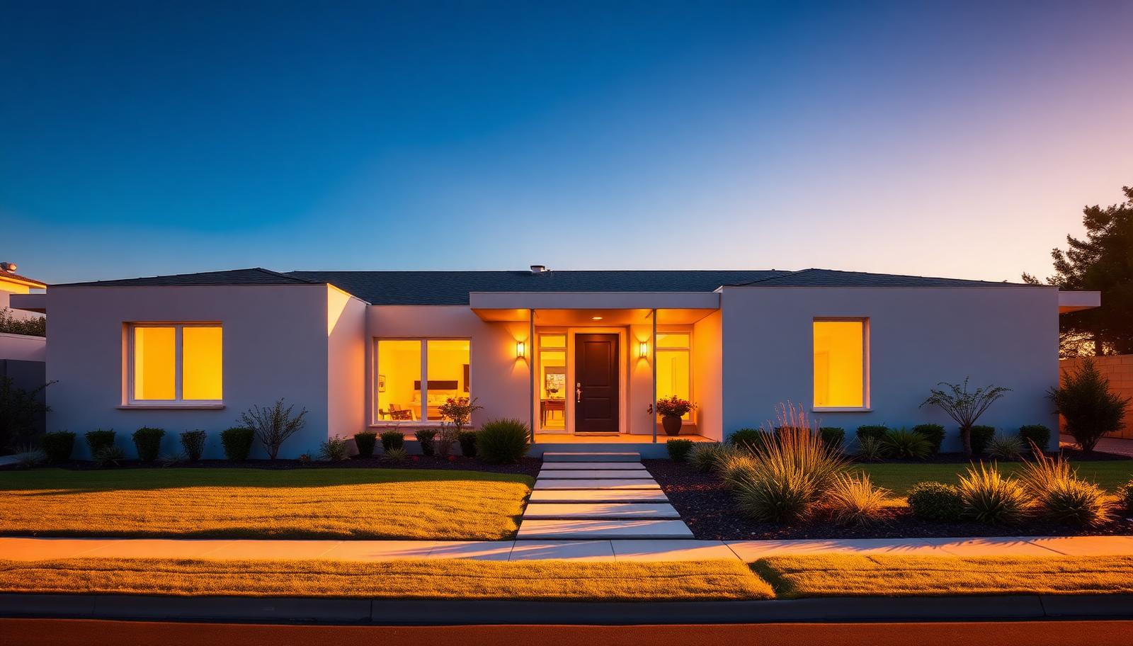 Crisp modern home exterior lit at vivid dusk