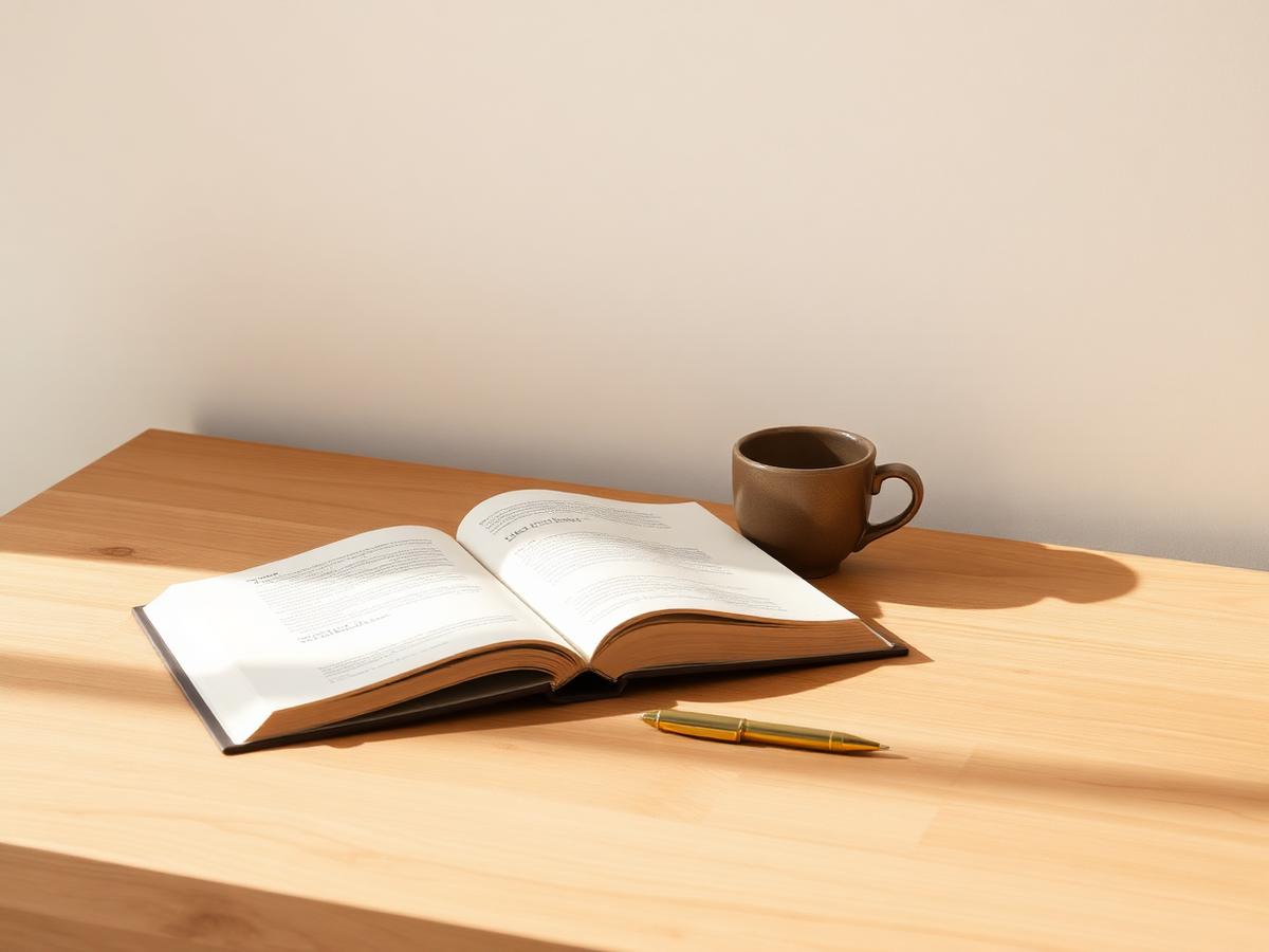 Open hardcover book and ceramic cup on an oak desk in morning light