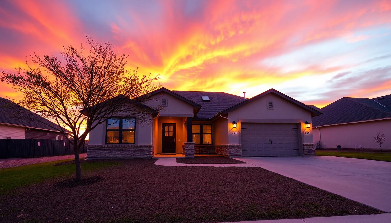 Newly built Texas home under a fiery sunset sky