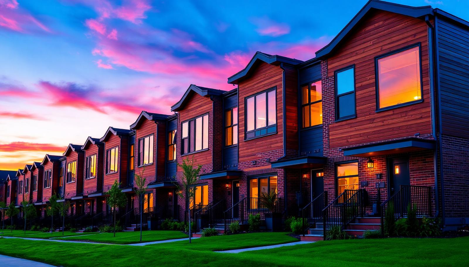 Row of modern townhomes glowing under a colorful sunset