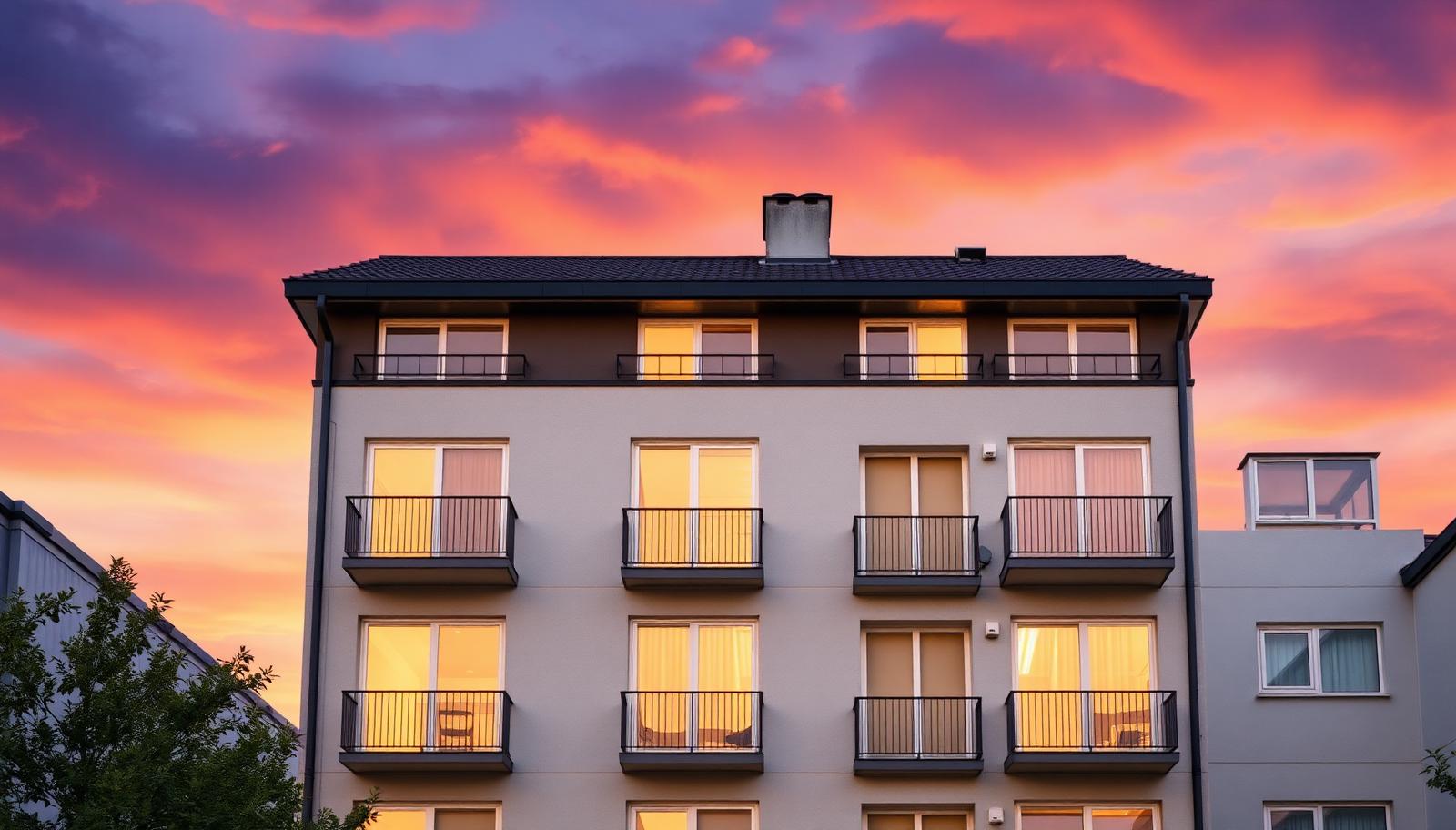 Small apartment building with balconies under a vivid sunset sky