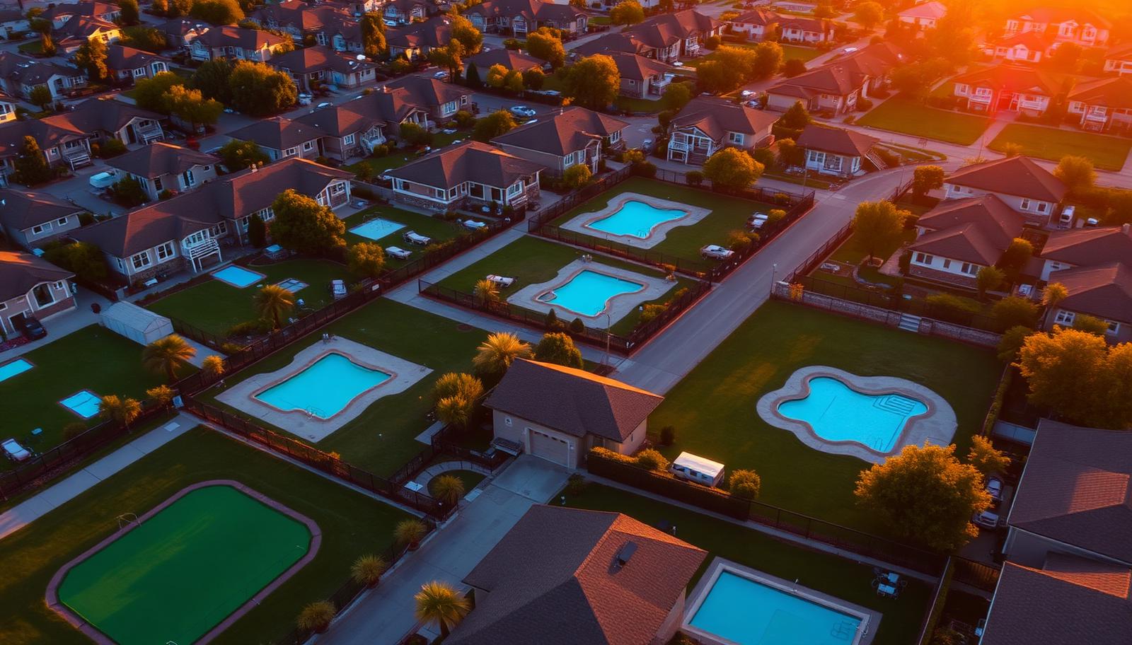 Aerial view of a rental neighborhood with pools at golden hour