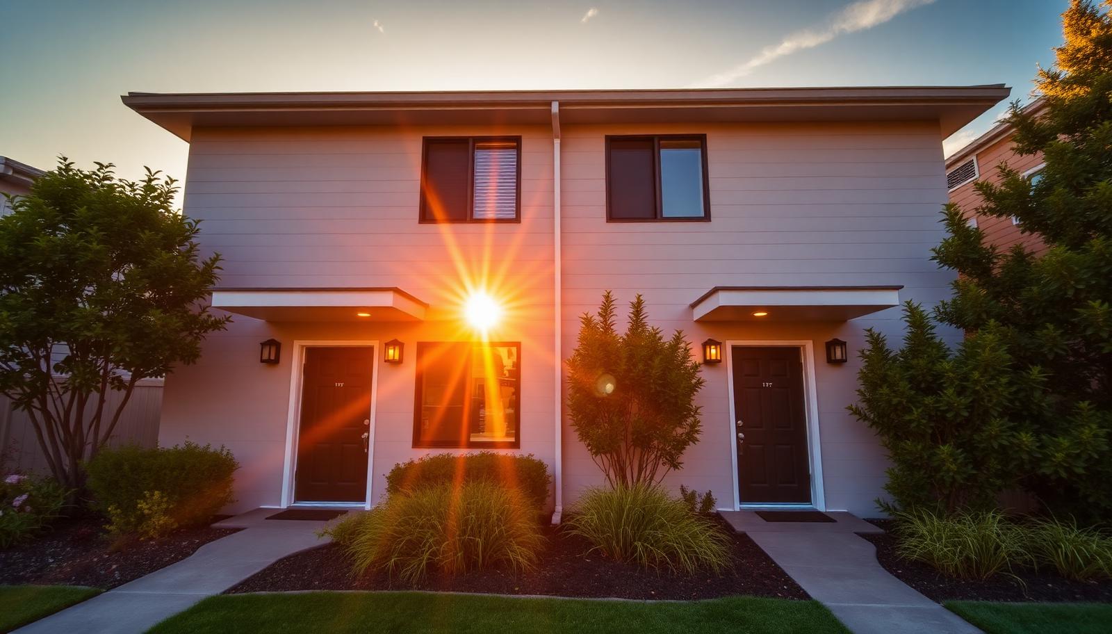 Modern duplex rental property lit by a blazing sunset