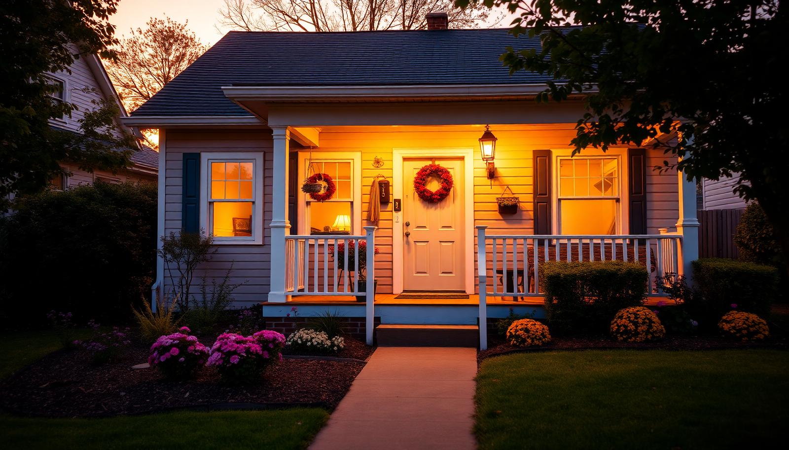 Charming starter home with a glowing front porch at sunset