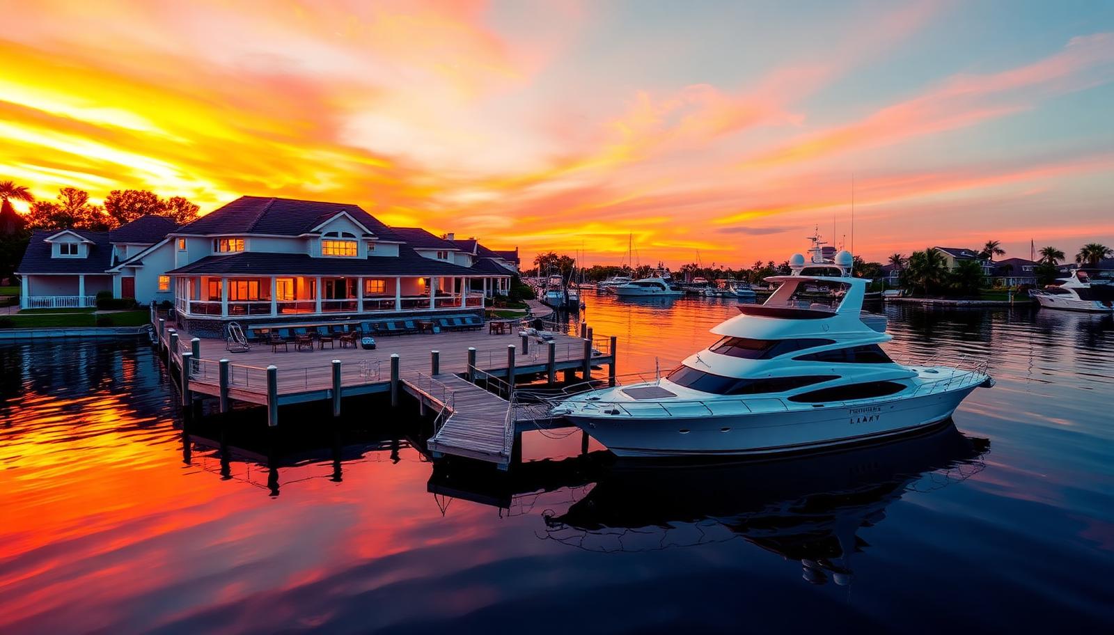 Luxury waterfront estate and dock reflecting a fiery sunset