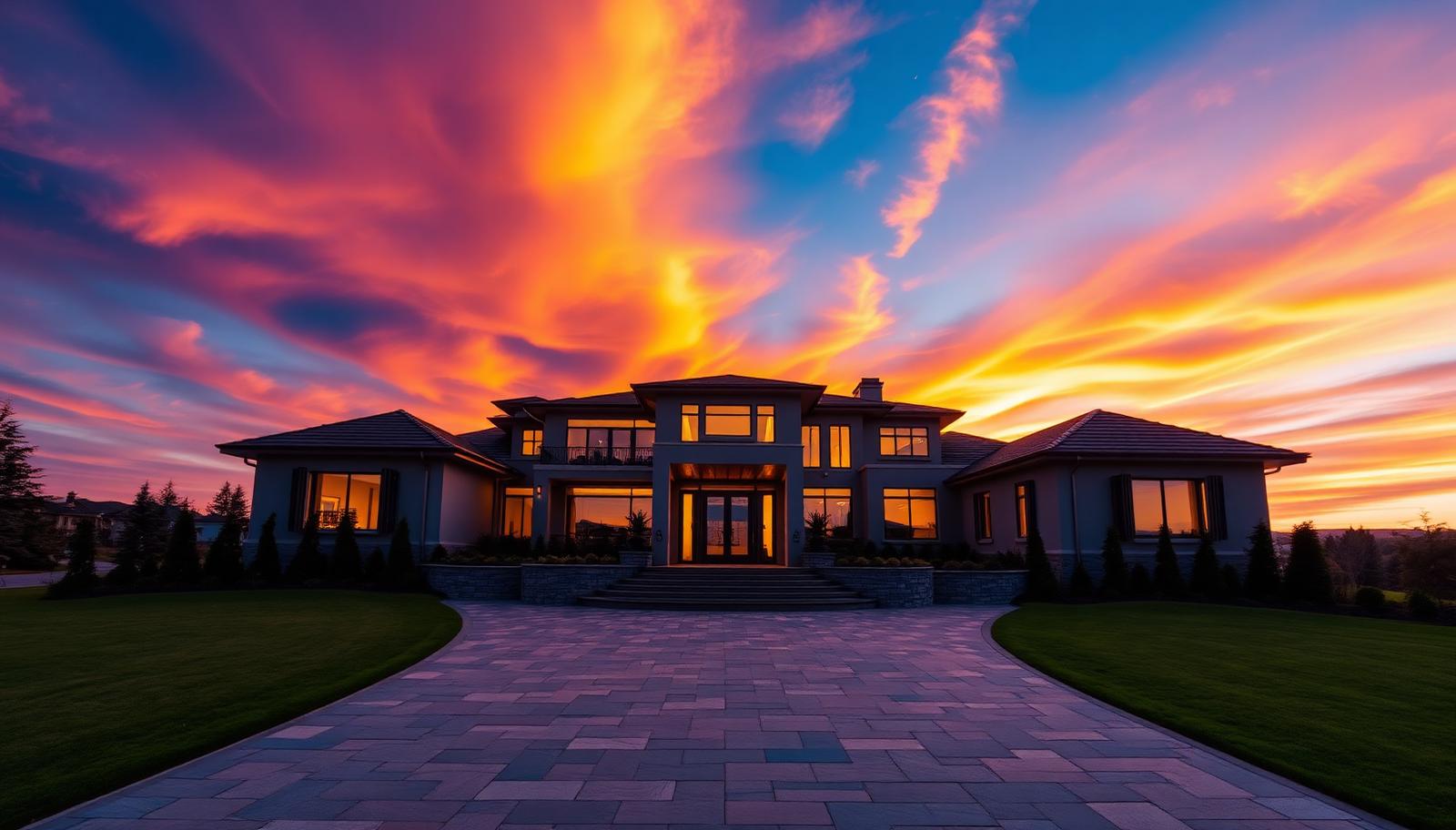 Grand modern mansion under a vivid sunset sky