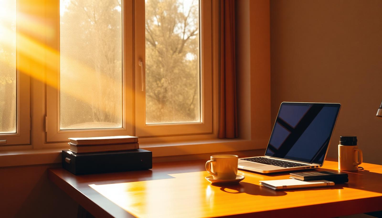 Home office desk with a laptop in strong golden-hour sunlight