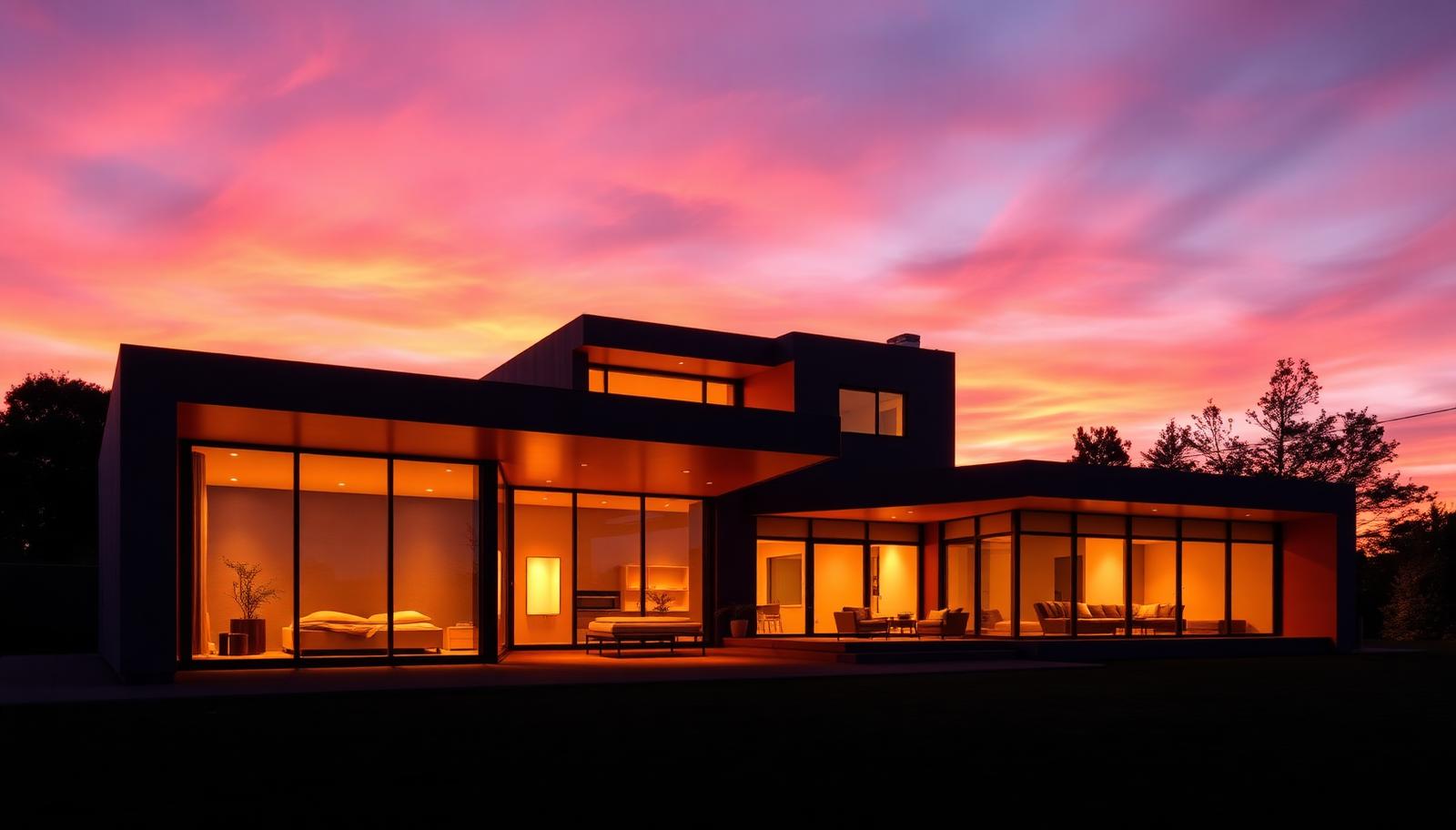 Modern glass-walled home glowing under a vivid sunset sky
