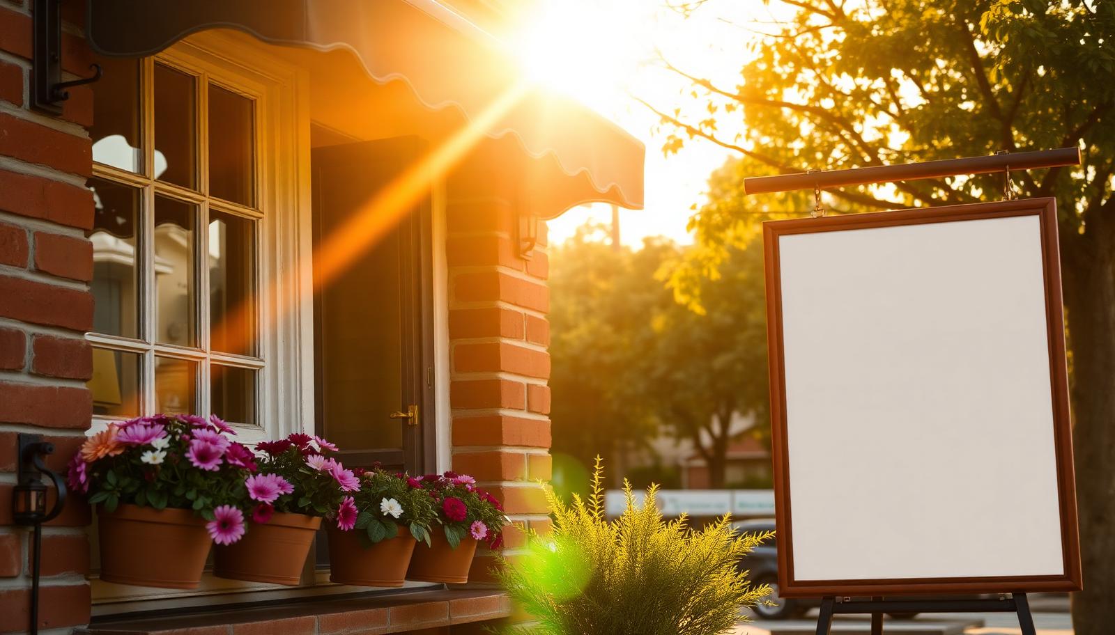Small shopfront with flower planters glowing at golden hour