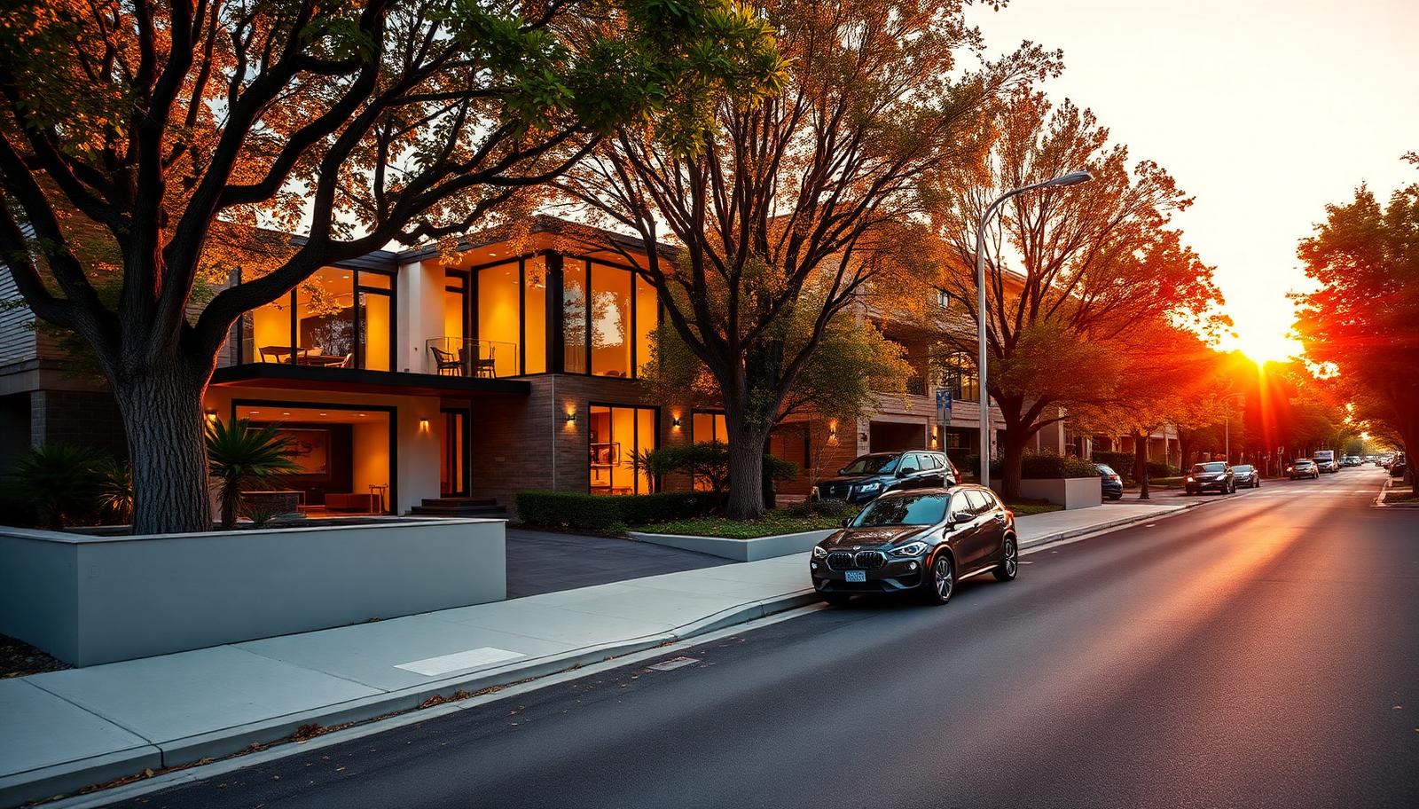 Upscale modern home on a leafy street at vivid golden hour