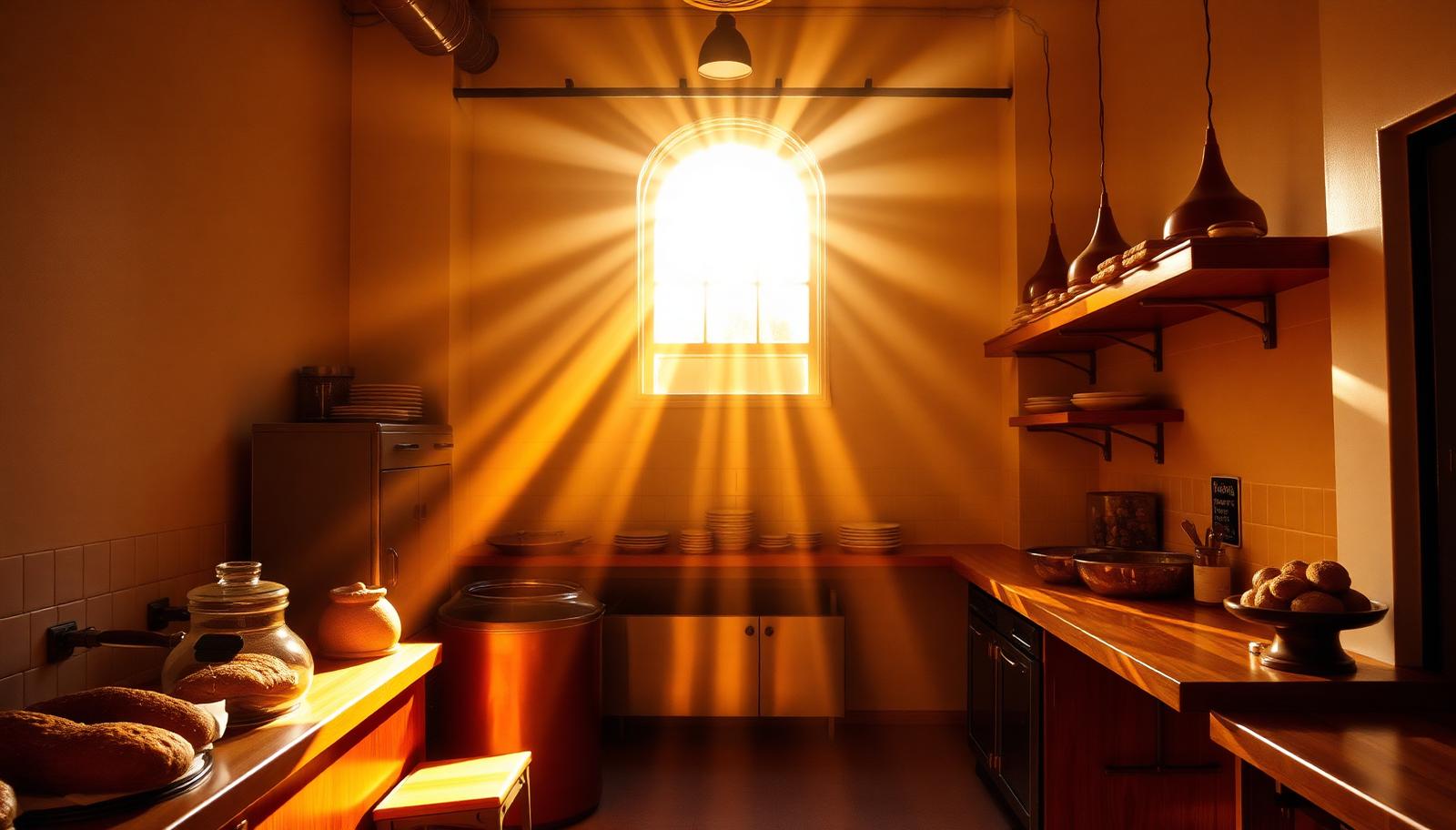 Artisan bakery interior filled with warm golden sunbeams