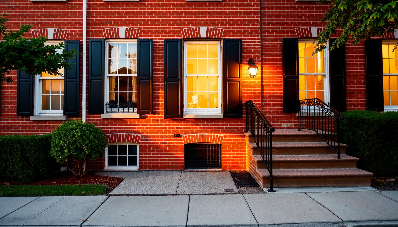 Elegant brick townhouse glowing in golden-hour light