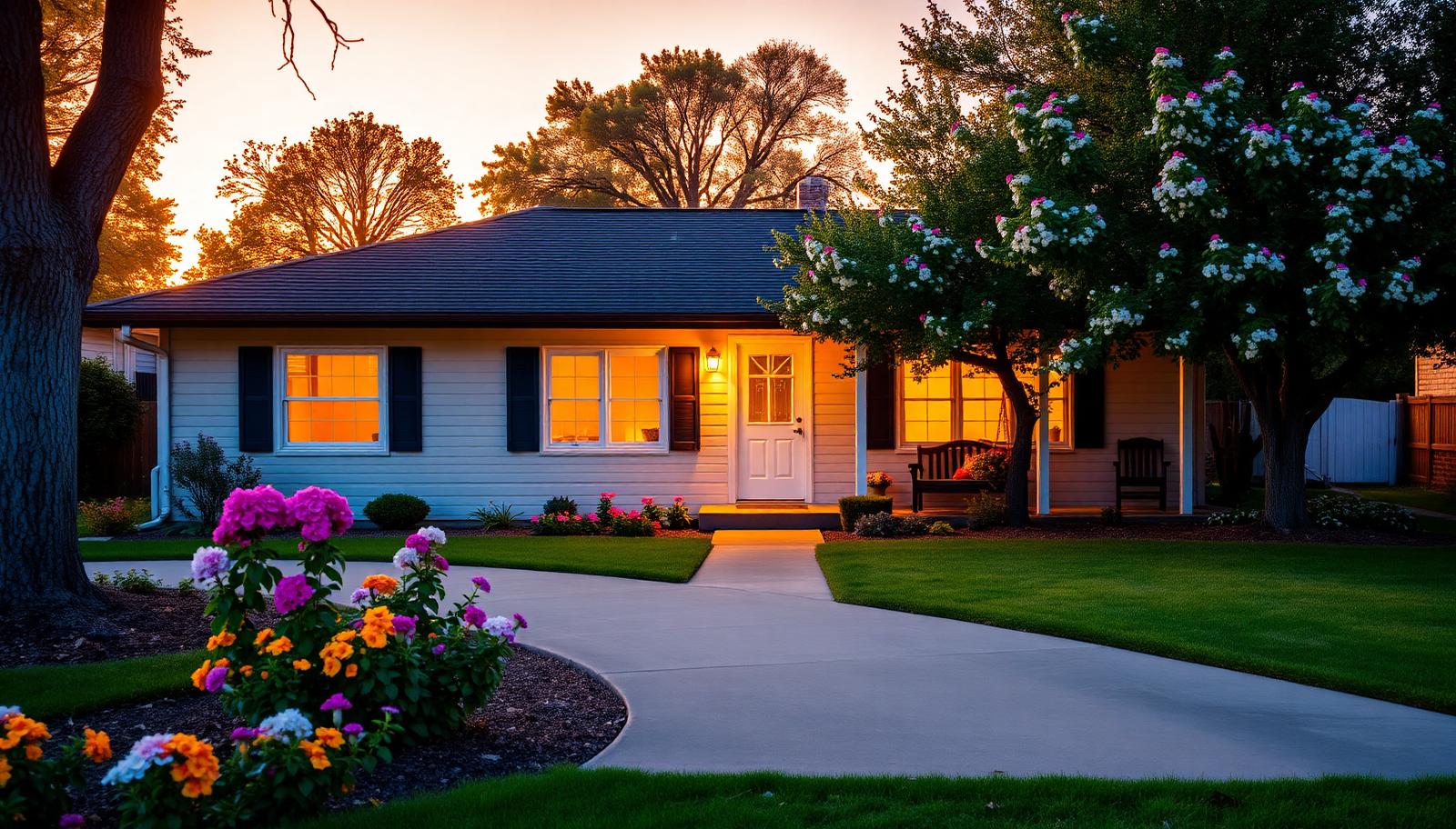 Single-story ranch home with a blooming garden at sunset