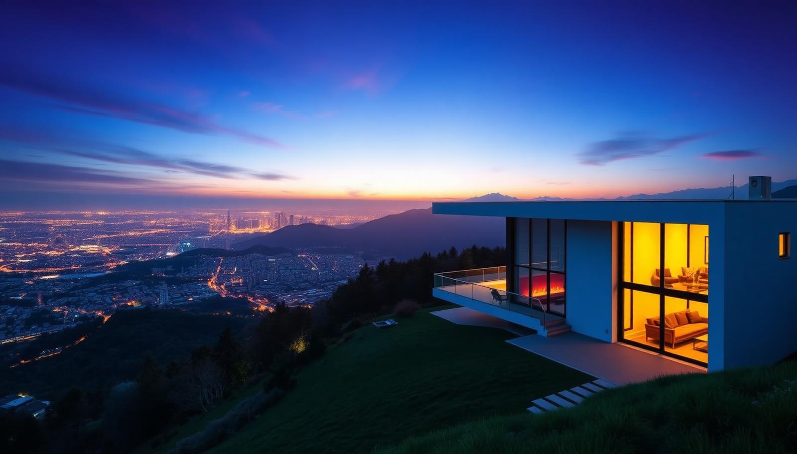 Modern hillside home overlooking a glowing city skyline at dusk