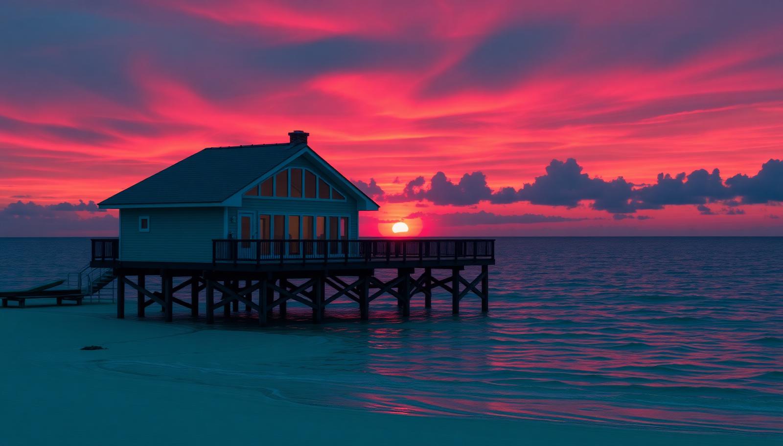 Beach house on stilts at a blazing pink sunset over the water