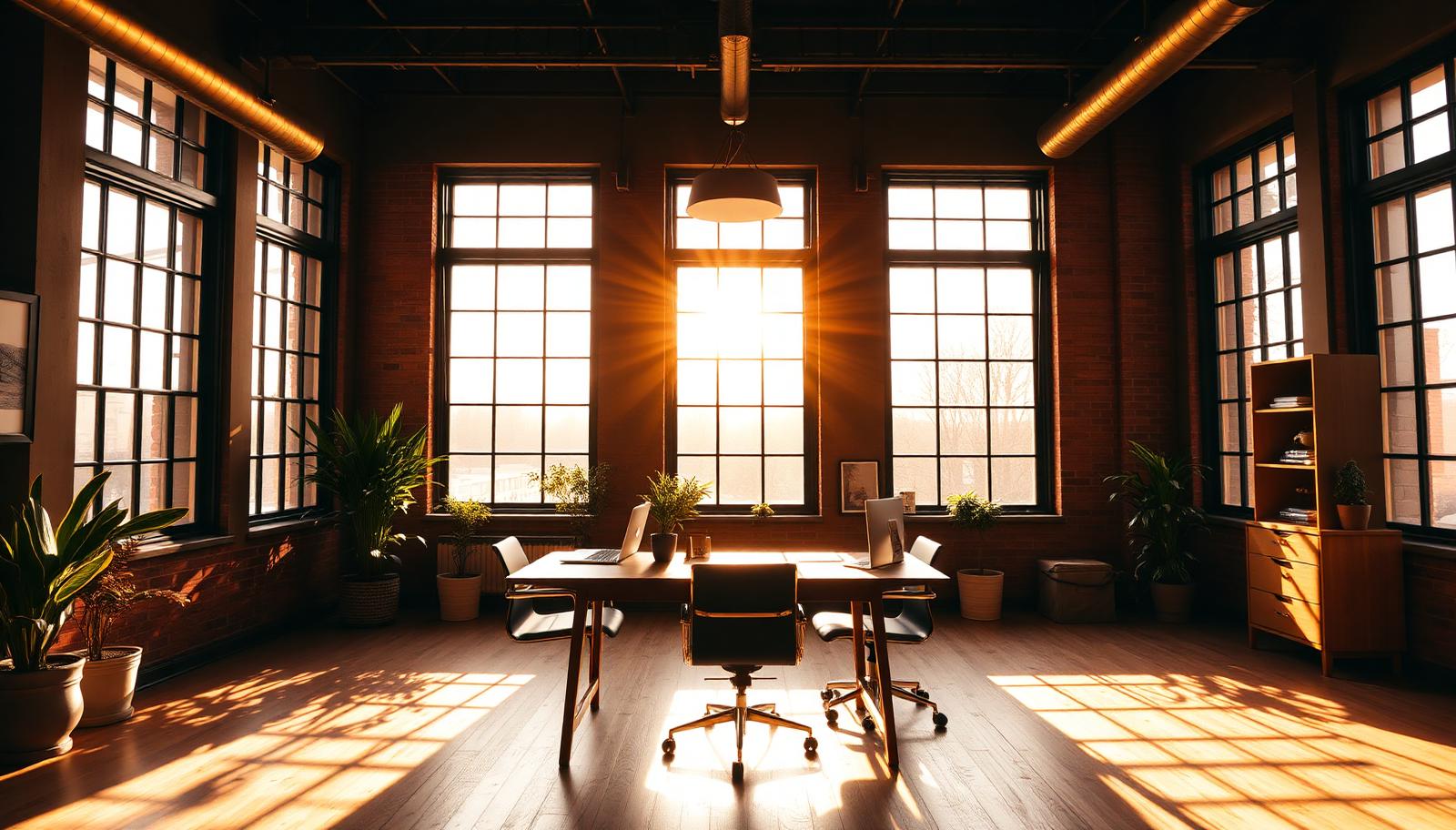 Sunlit home office loft filled with warm golden-hour light