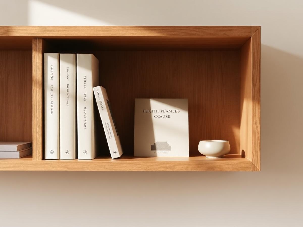 Minimal oak bookshelf vignette in soft natural light