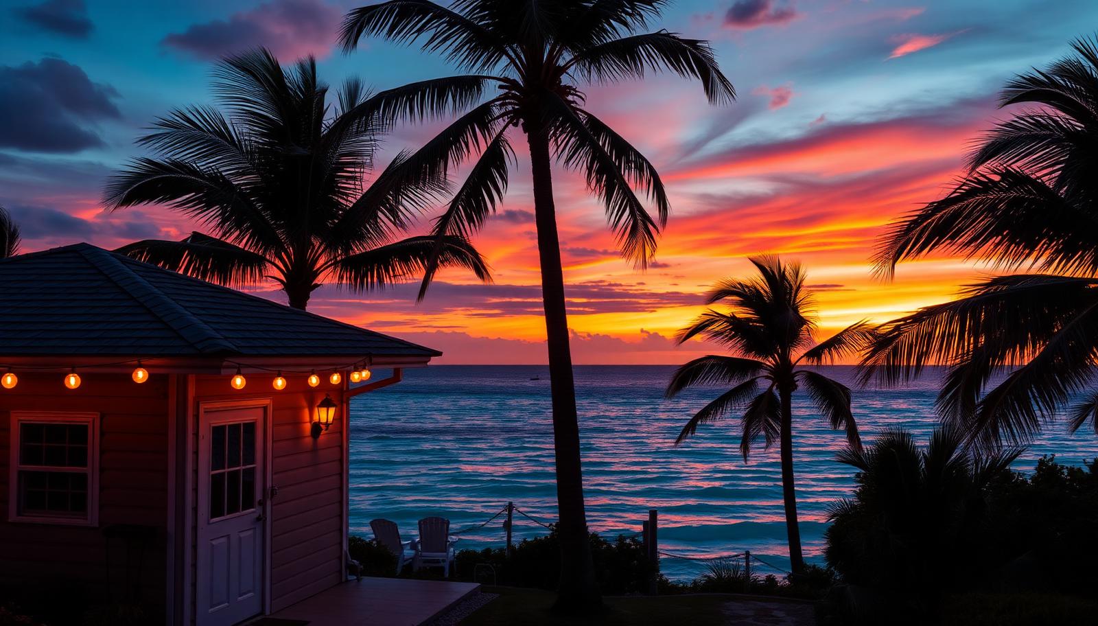 Coastal vacation rental cottage with string lights at sunset