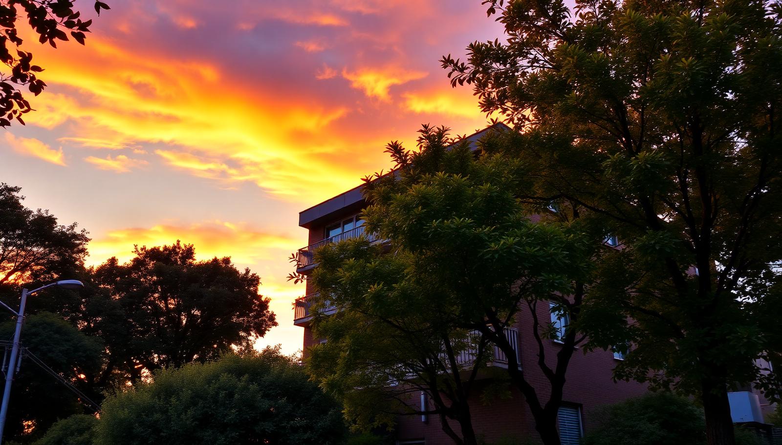 Small condo building in a leafy neighborhood at vivid sunset