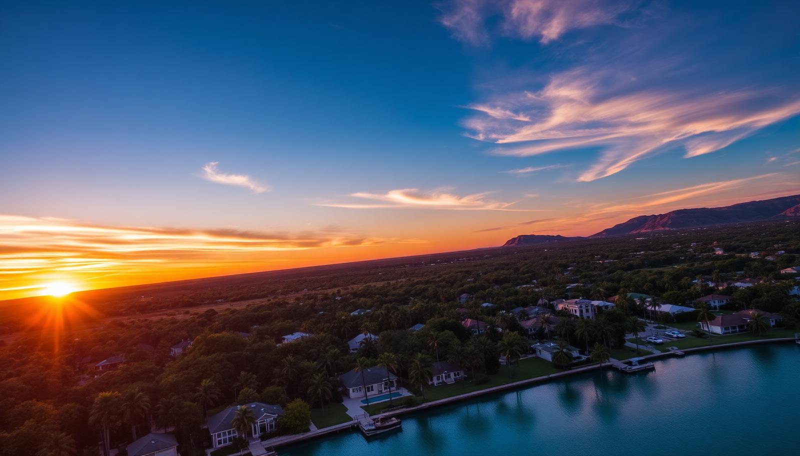 Aerial coastal and hill country landscape at a vivid sunset