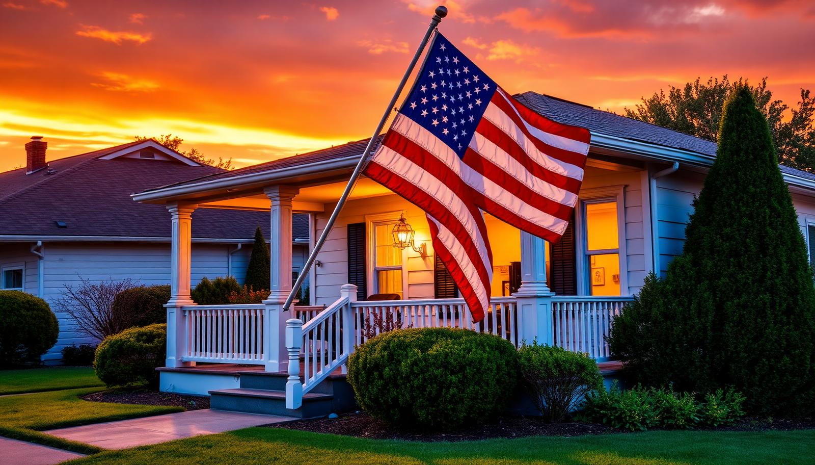 American flag on a home porch in vivid golden-hour light