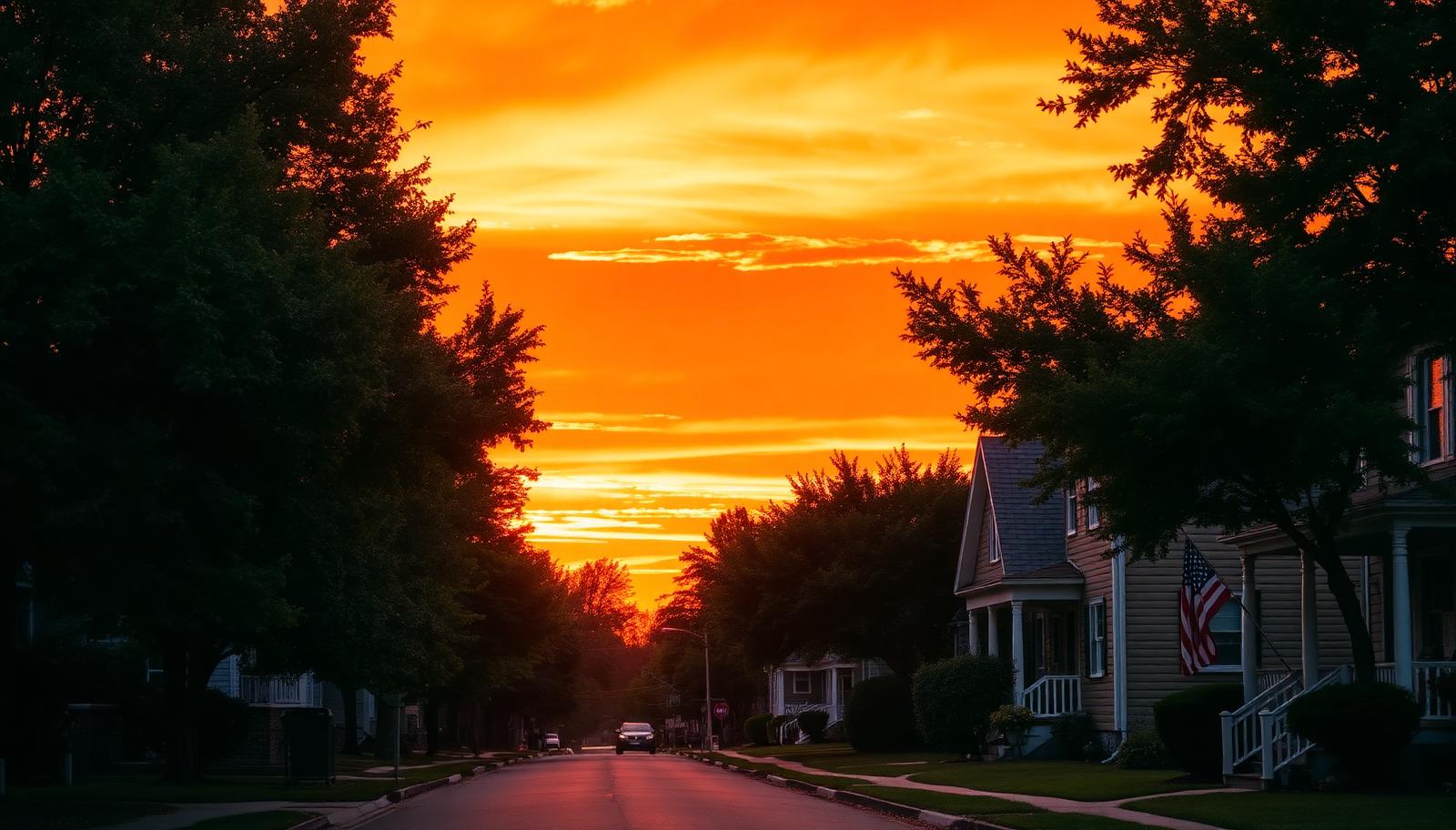 Tree-lined street of homes under a blazing amber sunset