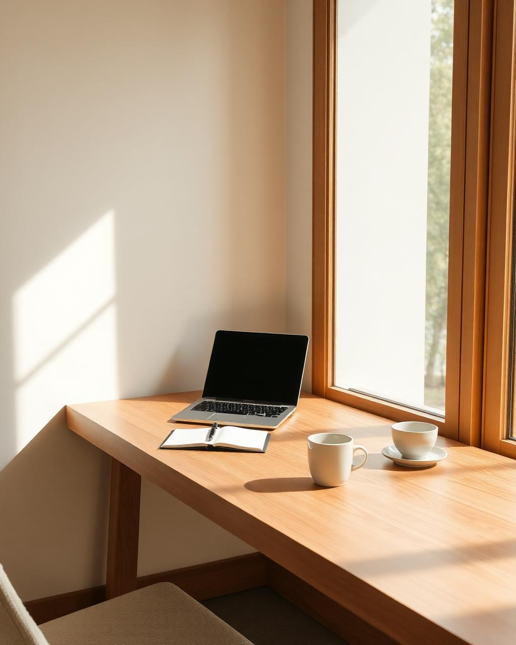 Quiet minimalist home office corner in warm natural light